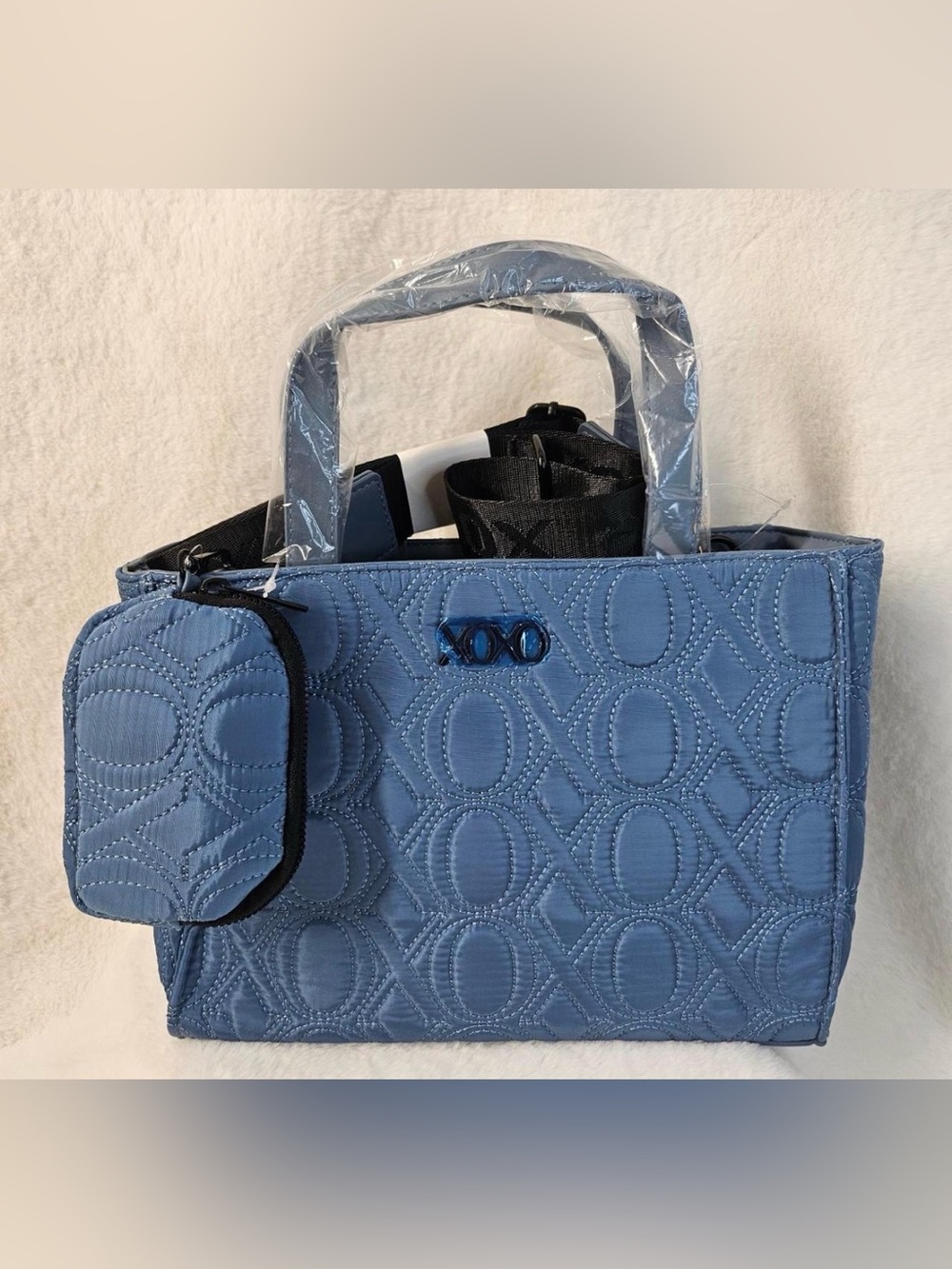 XOXO Quilted Tote in Denim Blue with Pouch